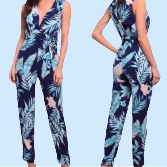 Pants - Navy Blue Leaf Palm Print Low V-neck Waist Tie Jumpsuit
